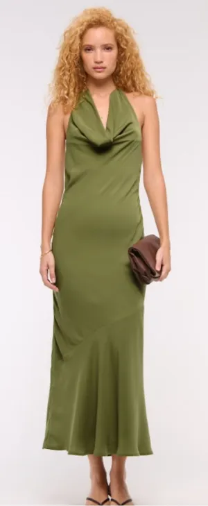 Abercrombie Olive Halter Satin Maxi Dress thumbnail 1
