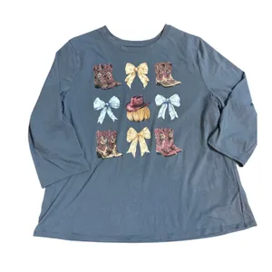Cato Adorable Cowgirl‎ Coquette Western Pumpkin Country Casual Blue Tee Shirt sz L thumbnail 2