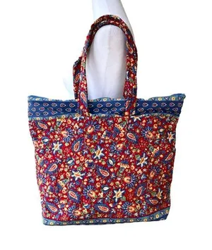 Vintage Handmade Quilted Red Blue Paisley Floral Padded Tote Shoulder Bag thumbnail 1