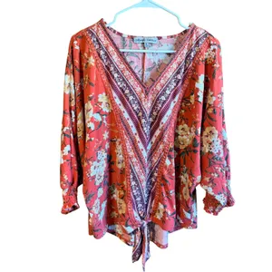 Absolutely Famous XL Orange Floral V-Neck Tie Front Boho Top Dolman Sleeve Soft thumbnail 2