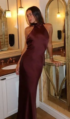 Zara maxi halter scarf satin Elegant Burgundy Brown Evening Wedding Dress thumbnail 4