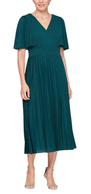 NWT SLNY Womens Lurex Surplice Neck Pleated Dress 9128105 Spruce Green 4 thumbnail 1