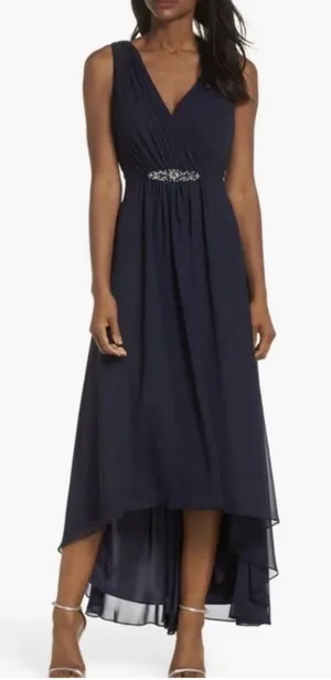 NEW Eliza J High Low Chiffon Rhinestone Embellished Waist Dress Size 8 Navy thumbnail 1