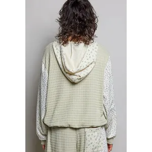 POL Mixed Knit Contrast Print Sleeve Hoodie with Kangaroo Pocket - Sage - Medium thumbnail 3