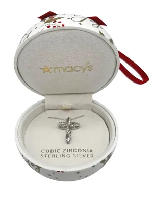 NWT Macy’s CZ & Sapphire Sterling Silver Cross Pendant Necklace Ornament Box thumbnail 1
