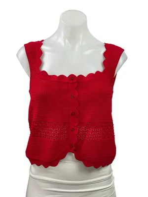 Meshki Women's Red Sleeveless Knit Scalloped Button Up Tank Crop Top Size L thumbnail 1