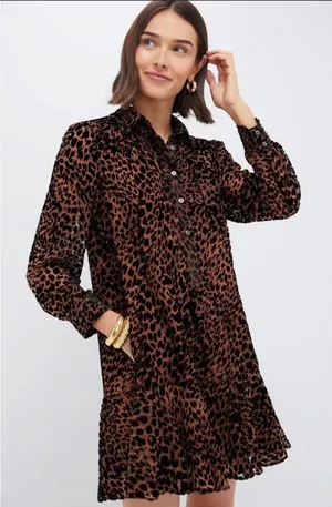 Tuckernuck Leopard Print Burnout Ruffle‎ Hem Shirt Dress XS Brown thumbnail 1