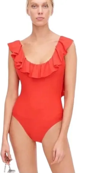 Women’s J. Crew Ruffle‎ Scoopback One Piece Swimsuit Size 16 Red Beach Summer thumbnail 1