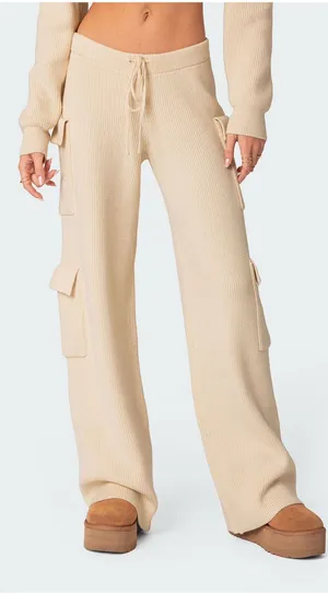 Edikted Wynter Knit Cargo Pants Size Medium Cream Ribbed Wide Leg Loungewear thumbnail 1