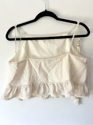 Zara Ivory Cropped Tank Top Floral Eyelets Tassel Beaded Straps Boho Hippie thumbnail 6