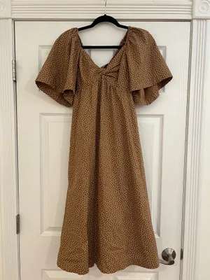 Abercrombie & Fitch Brown Polka Dot Midi Dress with Puff Sleeves thumbnail 2