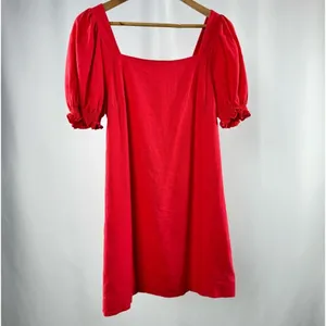 Draper James RSVP Squareneck‎ Puff Sleeve Linen Blend Dress in Red Size Small thumbnail 2