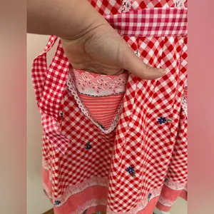 Red White Retro Gingham Checkered Lace Sleeveless Wing Hand Made Dress Sz S thumbnail 5