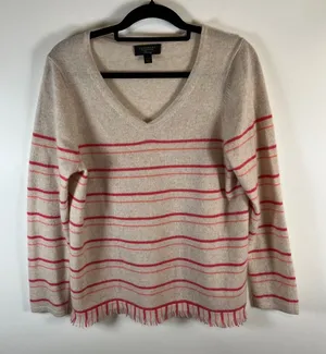 Charter‎ Club Luxury Cashmere Striped V Neck Sweater Women's Size L Fringe thumbnail 1