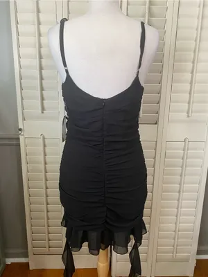 Justify Black Ruffled V-Neck Mini Dress with Sheer Ties thumbnail 6