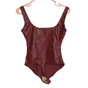 NWT Popilush Faux Leather Corset Bodysuit Deep Red Lace Tummy Control Shaper Med thumbnail 6