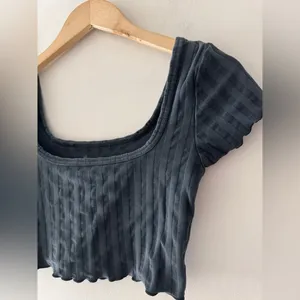 Aerie Offline Charcoal Gray Ribbed Square Neck Crop‎ Top Lettuce Hem thumbnail 2