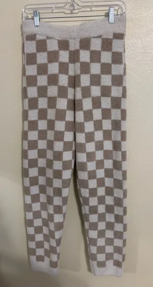 ComfyLuxe Plush Checkerboard Lounge Pants Soft Cozy M/L Beige Cream thumbnail 1