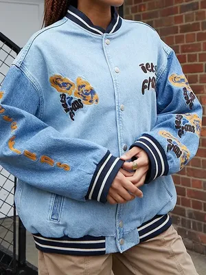 iets frans Blue Denim Embroidered Varsity Jacket Size XS thumbnail 5