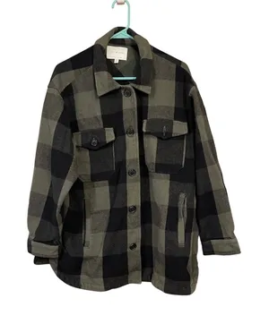 Lucky Brand Oversized Plaid Flannel Shirt Jacket Shacket Green Black L thumbnail 1