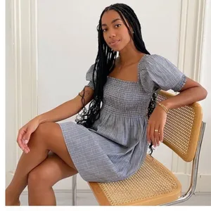 Hill House Home The‎ Athena Nap Dress Blue Grey Plaid Smocked Mini Dress XS thumbnail 1
