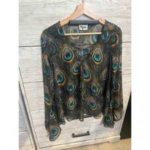 Show Me Your Mumu Peacock Feather Lace Up Bell Sleeve Blouse Medium thumbnail 3