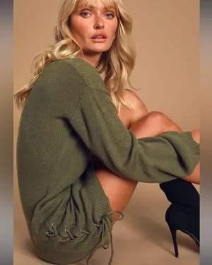 Lulus Lalianna Olive Green Balloon Sleeved Lace-up Sweater dress thumbnail 3