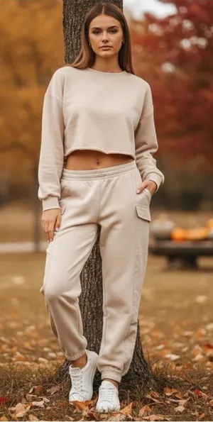 Better / Together Women's Baggy Cargo Fleece Sweat Pants Beige Lounge joggers L thumbnail 1