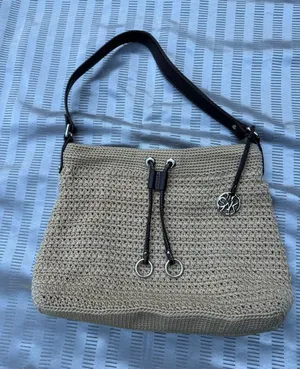 The Sak Crocheted Shoulder/ Hobo Bag, Tan/Khaki, Brown Leather Trim thumbnail 1
