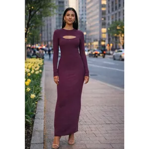 Women's Unbranded Burgundy Ribbed Cutout Maxi Dress XL thumbnail 2