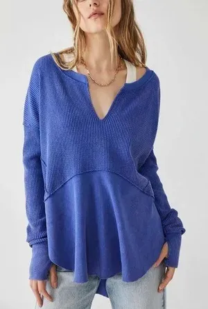Free People Womens Monterey Thermal Indigo‎ Blue Boho Slouchy Oversized Top XS thumbnail 1