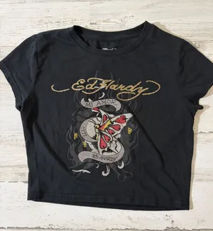 Ed Hardy Black Crop Baby Doll Tee with Red Butterfly & Gold Script thumbnail 1