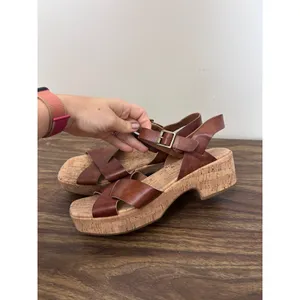 Korks Brown Faux Leather Cork‎ Platform Wedge Sandals Square Toe Womens 9M thumbnail 3