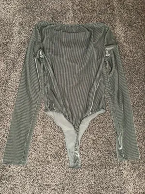 Out From Under Urban Outfitters Green Velvet Ribbed Cutout Long Sleeve Bodysuit thumbnail 4
