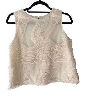 Textured Art Top | Cream Sleeveless Fringe Top | Boho Minimalist | S/M thumbnail 1