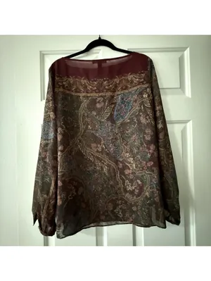 Lauren Ralph Lauren Burgundy Paisley Floral Sheer Blouse Top XL Extra Large thumbnail 11