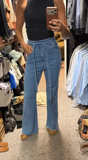 Jealous Tomato Medium Blue High-Rise Wide-Leg Tie-Waist Jeans thumbnail 1