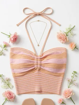 Le lis Striped Pink & Peach Halter Crop Top thumbnail 1