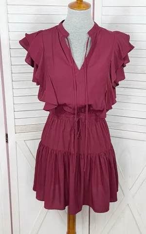 Pinch Isla Flutter Sleeve Tiered Mini Dress Burgundy Maroon Red Medium thumbnail 1
