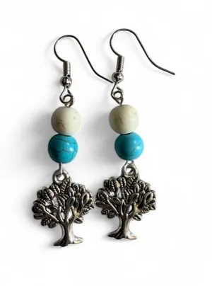 Handmade Tree of Life Dangle Earrings - White & Turquoise Bead thumbnail 1