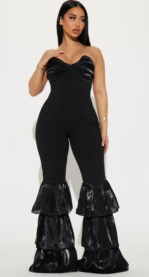 Strapless black bell bottom jumpsuit thumbnail 1