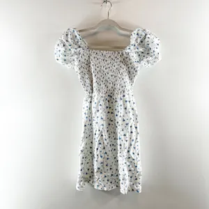 Faithfull The Brand Wendy Smocked Mini Puff Sleeve Floral Dress White Blue XS thumbnail 6