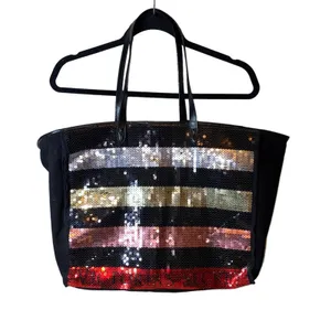 Victoria's Secret Sequin Stripe Tote Bag‎ Black Glam Shopper Large Shoulder Bag thumbnail 1