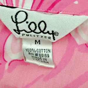 Lilly Pulitzer Button Down Pajama Shirt Top Pink Hibiscus Gingham Ric Rack MED thumbnail 3