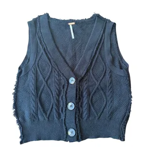 Free People Black Cable Knit Sweater Vest V-Neck Button Front Frayed Edge Large thumbnail 1