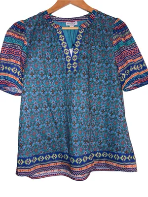Anthropologie Current Air Floral TribalSplit Neck Blouse Puff Sleeves NWT Small thumbnail 4