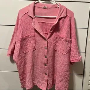 POL Short Sleeve Button Up Bubblegum Pink thumbnail 2