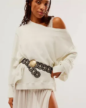 NEW! WE THE FREE PEOPLE Camden LARGE Gray Opal Cream Off-Shoulder Sweatshirt thumbnail 1