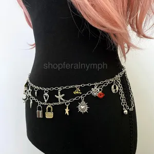 Silver Harajuku Y2K Charm Layered Chain Belt, Fits 18.5-39 Inches, X7GA1306 thumbnail 4