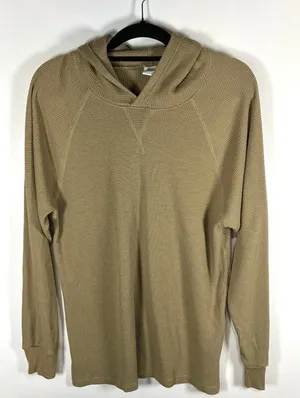 Aritzia‎ Tna Long Sleeve Waffle Knit Thermal Tan Hooded Shirt Women's Small thumbnail 1